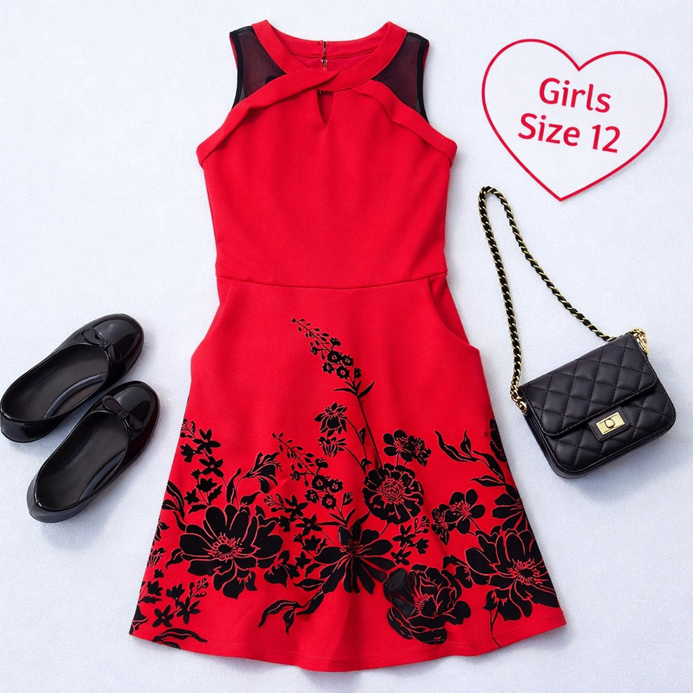 BCX Girl Red Black Floral Sleeveless Formal Dress Kids Size 12G